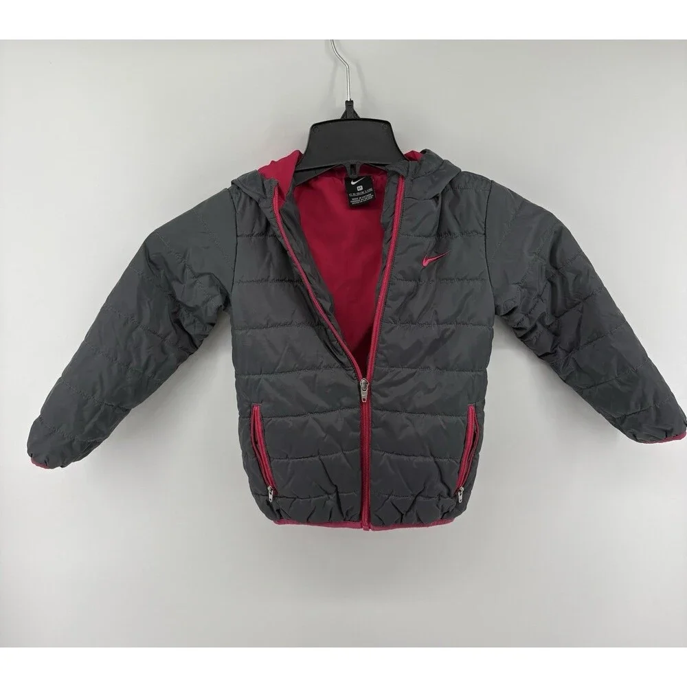 Nike Sportswear Insulated Puffer Jacket Girls Gray Pink Quilted Full Zip Size 4T